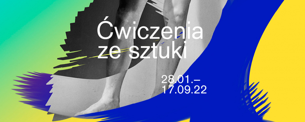 Zaproszenie na wystawę "Ćwiczenia ze sztuki". Kolekcja Muzeum ASP w Warszawie/ żółto fioletowa grafika na niej napis ćwiczenia ze sztuki