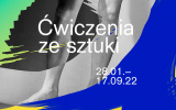 Zaproszenie na wystawę "Ćwiczenia ze sztuki". Kolekcja Muzeum ASP w Warszawie/ żółto fioletowa grafika na niej napis ćwiczenia ze sztuki