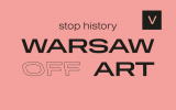 identyfikacja graficzna: na różowy tle napisy stop history warsaw off art